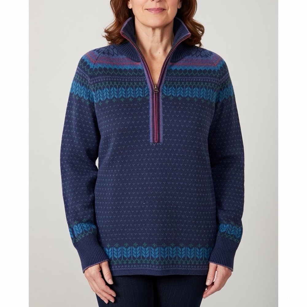 Eddie Bauer Fair Isle Nordic Quarter-Zip Sweater Blue Green Viloft Sz M EUC Fall